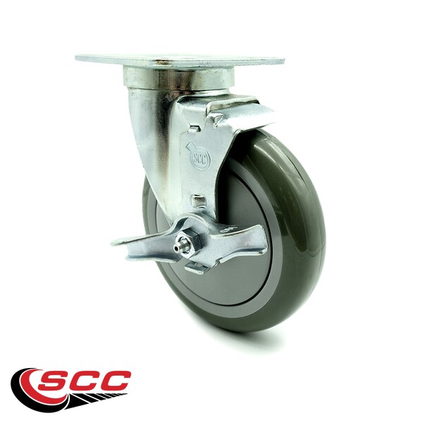 SCC - 5 X 1.25 Gray Polyurethane Wheel Swivel Casters W/Brake, 4PK